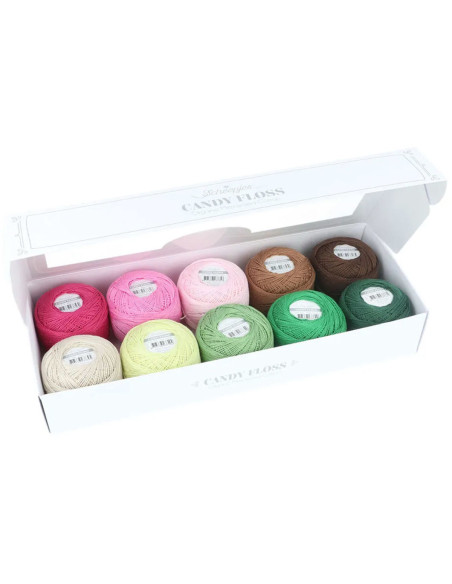 Box of 10 balls of Scheepjes Candy Floss No. 10 pearl cotton - Greens