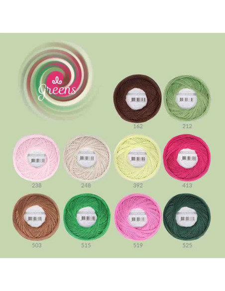Box of 10 balls of Scheepjes Candy Floss No. 10 pearl cotton - Greens