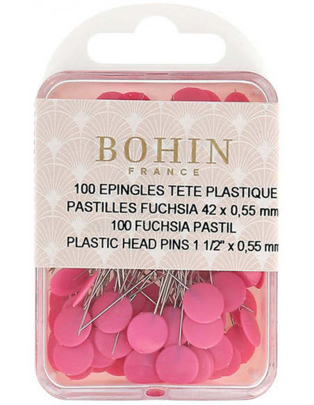 Box of 100 pins with fuchsia plastic heads by Bohin