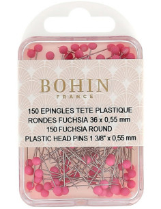 Box of 150 fuchsia round plastic head pins by Bohin