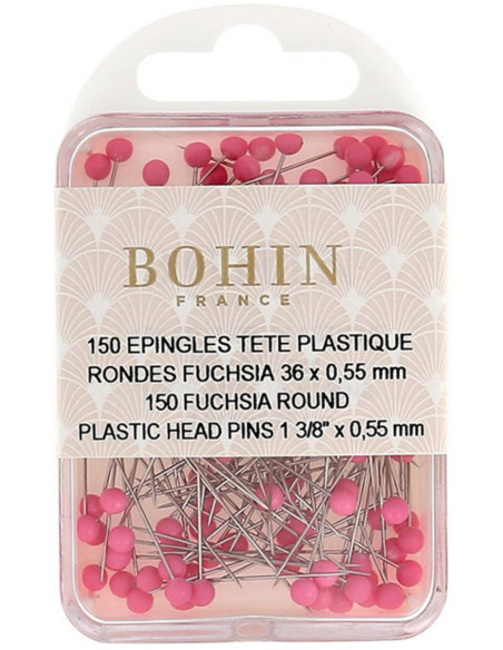 Box of 150 fuchsia round plastic head pins by Bohin