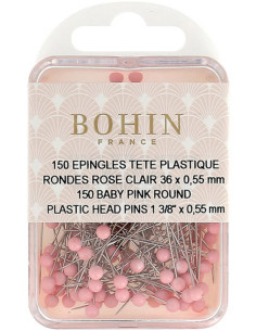 Box of 150 light pink round plastic head pins Bohin
