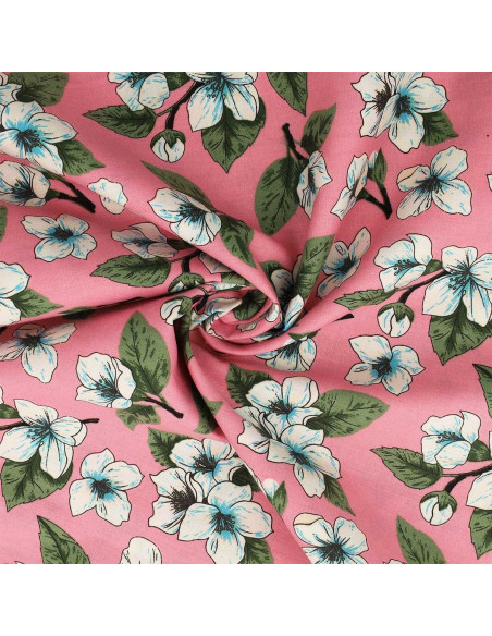 Floral cotton poplin fabric - Pink flower rain