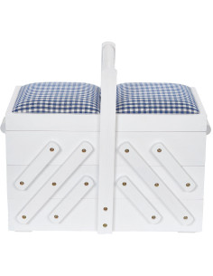 White wood sewing worker with blue gingham fabric M