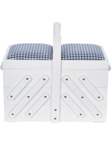 White wood sewing worker with blue gingham fabric M