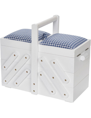 White wood sewing worker with blue gingham fabric M