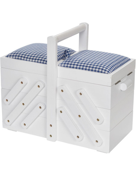 White wood sewing worker with blue gingham fabric M