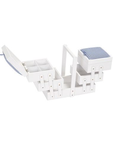 White wood sewing worker with blue gingham fabric M