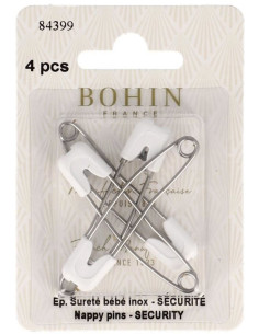 Card of 4 stainless steel baby safety pins with safety Bohin