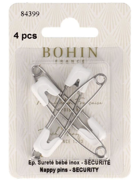 Card of 4 stainless steel baby safety pins with safety Bohin