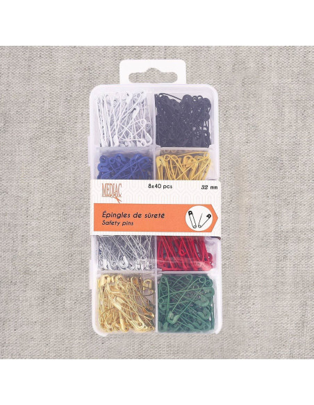 Box of 320 safety pins 32 mm assorted colors