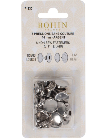 Box of 8 no-sew heavy fabric snaps 14 mm Bohin - Silver