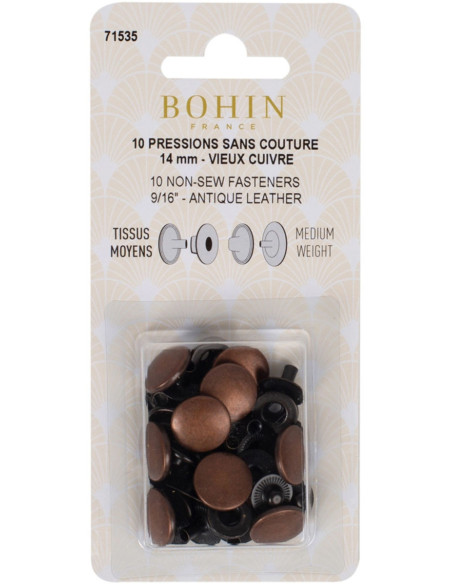 Box of 10 no-sew medium fabric snaps 14 mm Bohin - Copper