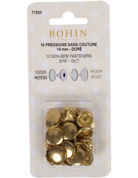 Box of 10 no-sew medium fabric snaps 14 mm Bohin - Gold