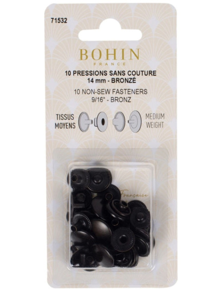 Box of 10 no-sew medium fabric snaps 14 mm Bohin - Bronze