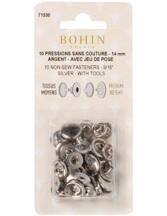 Box of 10 no-sew medium fabric snaps 14 mm Bohin - Silver