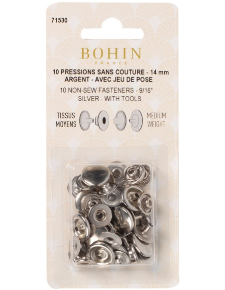 Box of 10 no-sew medium fabric snaps 14 mm Bohin - Silver