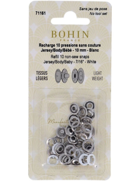 Box of 10 no-sew jersey snap fasteners with 10 mm caps Bohin - White