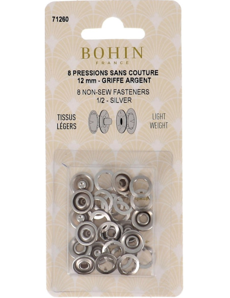 Box of 8 no-sew jersey snaps with 12 mm Bohin cap claws - Silver