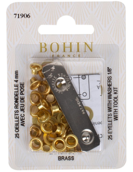 Box of 25 eyelets 4 mm with washers and Bohin setting tool - Gold