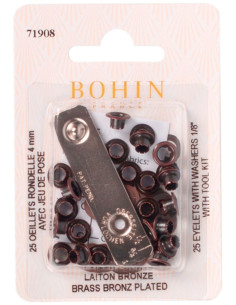 Box of 25 eyelets 4 mm with washers and Bohin setting tool - Bronze