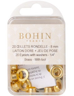 Box of 20 eyelets 8 mm with washers and Bohin setting tool - Gold