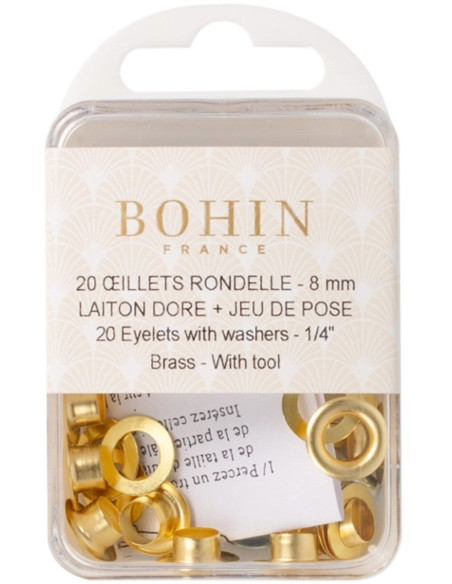 Box of 20 eyelets 8 mm with washers and Bohin setting tool - Gold