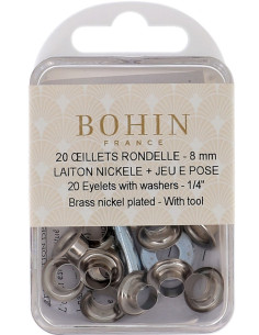 Box of 20 eyelets 8 mm with washers and Bohin setting tool - Silver
