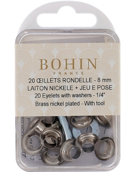 Box of 20 eyelets 8 mm with washers and Bohin setting tool - Silver