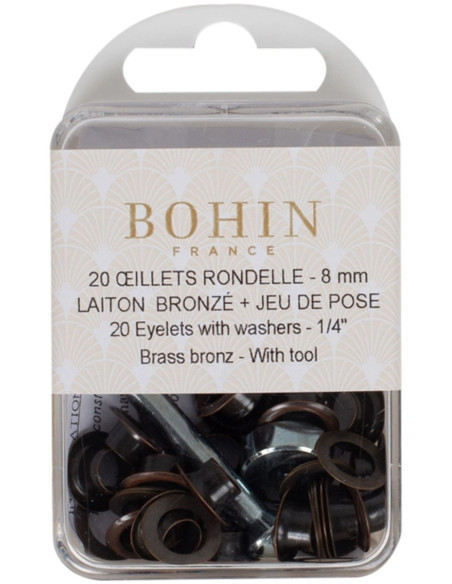 Box of 20 eyelets 8 mm with washers and Bohin setting tool - Bronze