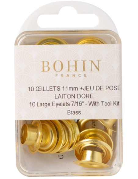 Box of 10 eyelets 11 mm with washers and setting tool Bohin - Gold