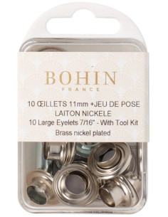 Box of 10 eyelets 11 mm with washers and setting tool Bohin - Silver