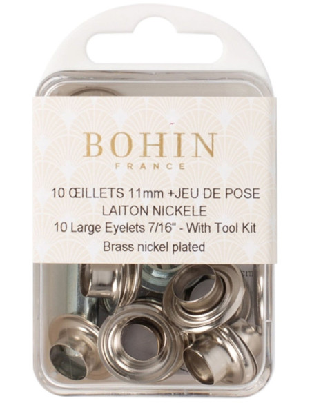 Box of 10 eyelets 11 mm with washers and setting tool Bohin - Silver