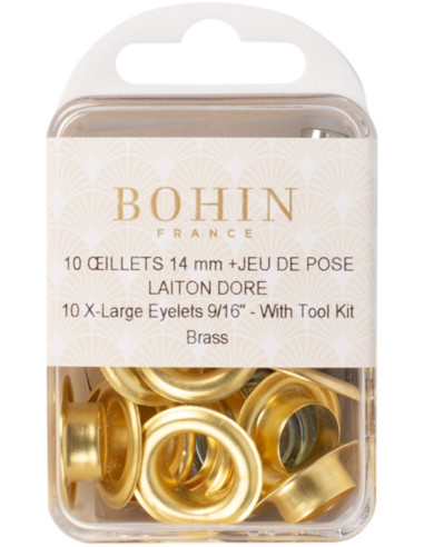 Box of 10 eyelets 14 mm with washers and setting tool Bohin - Gold