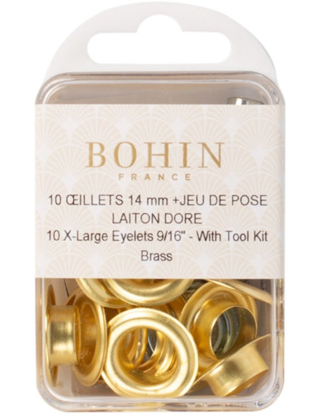 Box of 10 eyelets 14 mm with washers and setting tool Bohin - Gold