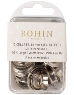 Box of 10 eyelets 14 mm with washers and Bohin setting tool - Silver