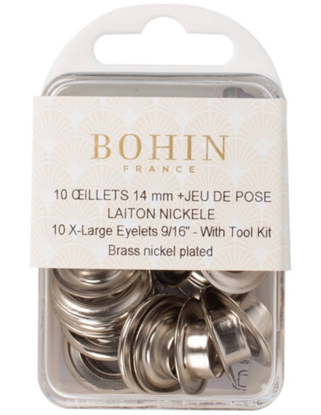 Box of 10 eyelets 14 mm with washers and Bohin setting tool - Silver