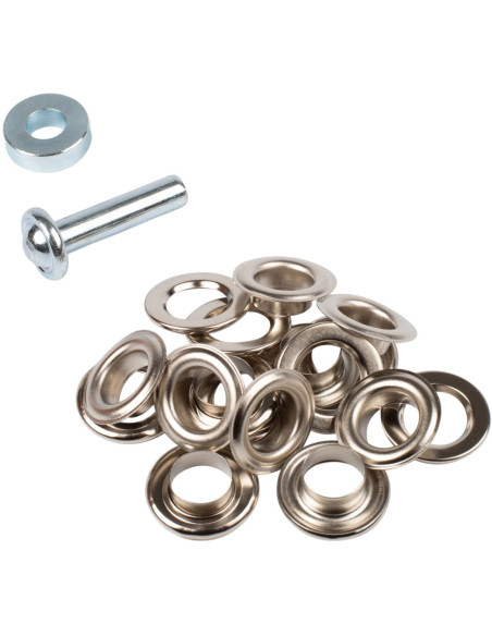 Box of 10 eyelets 14 mm with washers and Bohin setting tool - Silver