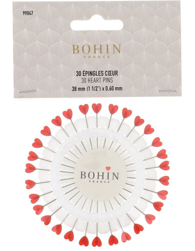 30 red heart-shaped plastic head pins disc by Bohin