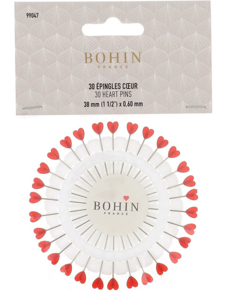 30 red heart-shaped plastic head pins disc by Bohin