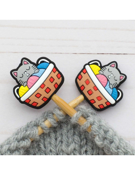 Stitch stoppers for knitting needles - Cat, basket, and balls of yarn