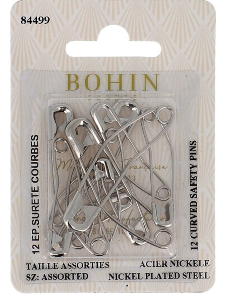Assortment of 12 curved safety pins card by Bohin