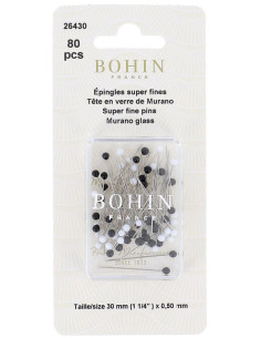 Box of 80 super-fine pins with black and white Murano glass heads by Bohin