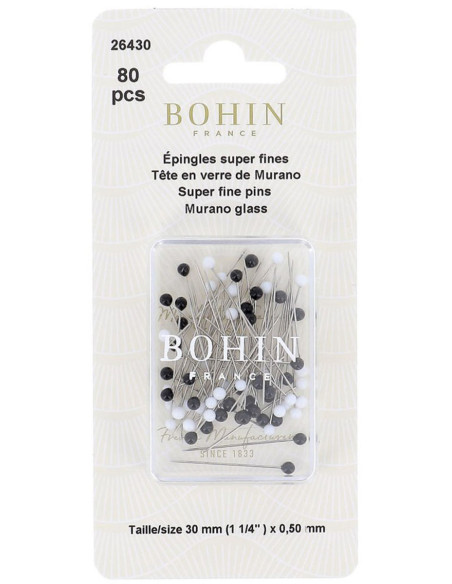 Box of 80 super-fine pins with black and white Murano glass heads by Bohin