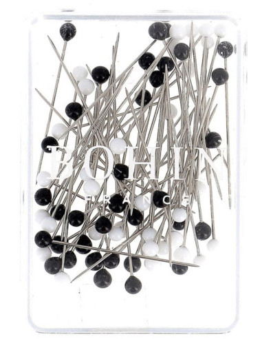 Box of 80 super-fine pins with black and white Murano glass heads by Bohin