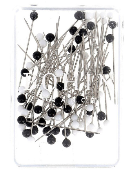 Box of 80 super-fine pins with black and white Murano glass heads by Bohin