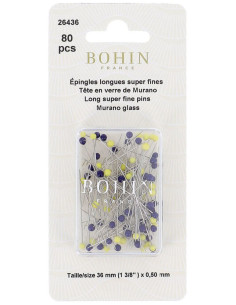 Box of 80 long super-fine pins with Murano glass heads in blue and yellow by Bohin