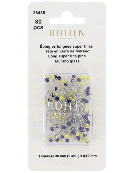 Box of 80 long super-fine pins with Murano glass heads in blue and yellow by Bohin
