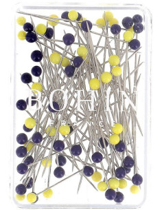 Box of 80 long super-fine pins with Murano glass heads in blue and yellow by Bohin 2