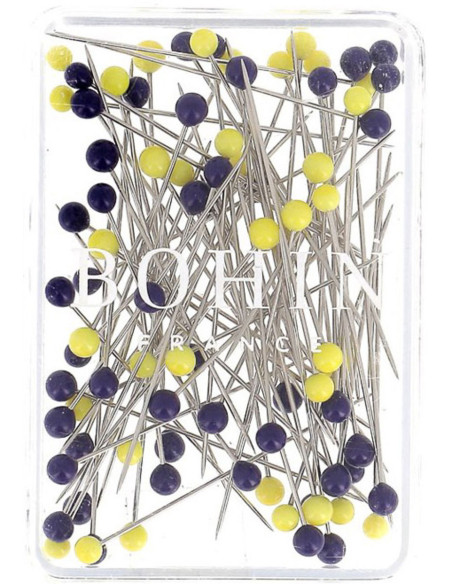 Box of 80 long super-fine pins with Murano glass heads in blue and yellow by Bohin